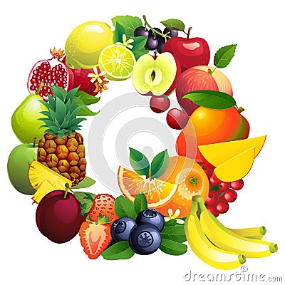 Letter Q composed of different fruits with leaves Vector Illustration