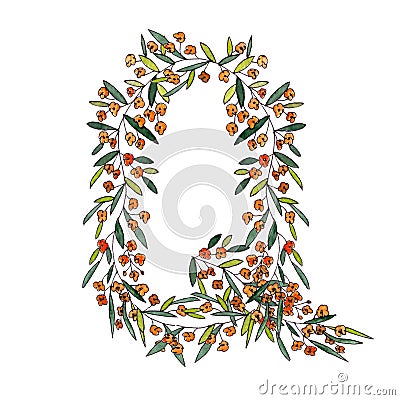 Letter Q of the english and latin floral alphabet. graphic on a white background. letter of sprigs blooming with orange flowers Stock Photo