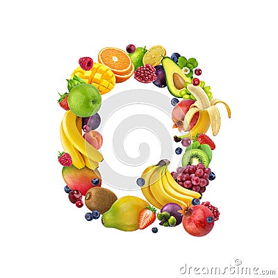 Letter Q made of different tropical fruits and berries, exotic fruit font isolated on white background, healthy alphabet Stock Photo