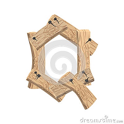 Letter Q wood board font. plank and nails alphabet. Lettering of Vector Illustration