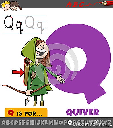 Letter Q worksheet with cartoon quiver object Vector Illustration