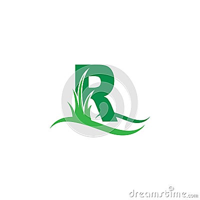 Letter R behind a green grass icon logo design vector Vector Illustration