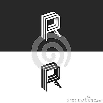 Letter R logo isometric emblem RRR symbol mockup, black and white monogram hipster design element template. Perspective linear Vector Illustration