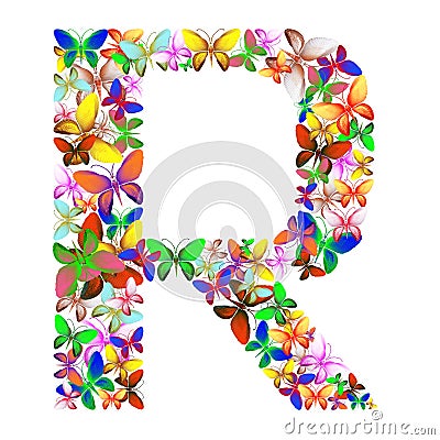 The letter R made up of lots of butterflies of different colors Stock Photo