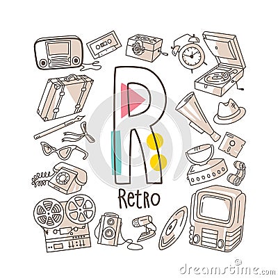 Letter R - Retro, cute alphabet series in doodle style Vector Illustration