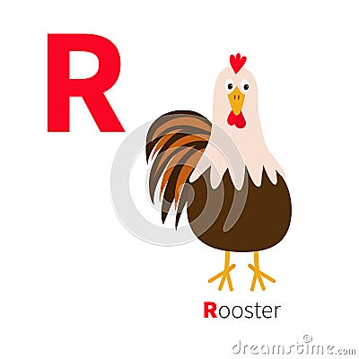 Letter R. Rooster bird. Cute cartoon funny character with big feather tail. Baby farm animal collection. Zoo alphabet. English abc Vector Illustration