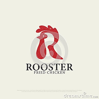 Letter R Rooster Fried chicken logo design with grunge style, letter R, Rooster silhouette vector illustration Vector Illustration