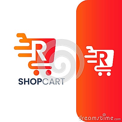 Letter R Shopping Cart Logo, Fast Trolley Shop Icon Vector Illustration