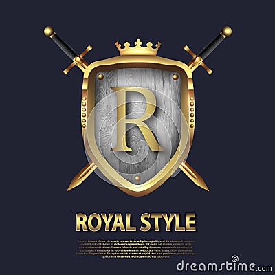 Letter R and two crossed swords and shield with crown. Letter Design in gold color for uses as heraldic symbol of power Vector Illustration