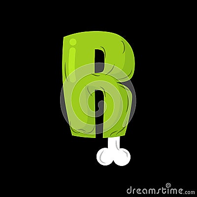 Letter R zombie font. Monster alphabet. Bones and brains lettering. Green Terrible ABC sign Vector Illustration