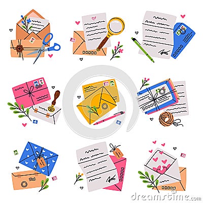 Letter Receive and Send with Envelope and Postage Stamp Vector Set Vector Illustration