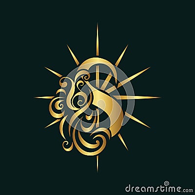 Letter S. Glowing Golden Monogram. Bright Star with Rays. Elegant Calligraphic Logo. Creative Art Design. Luxury Template for Bran Vector Illustration