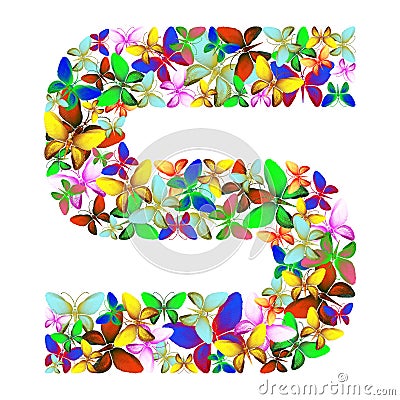 The letter S made up of lots of butterflies of different colors Stock Photo