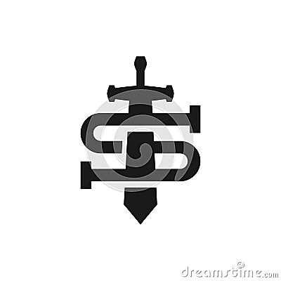 Letter S with a silhouette of sword. medieval logo theme Vector Illustration