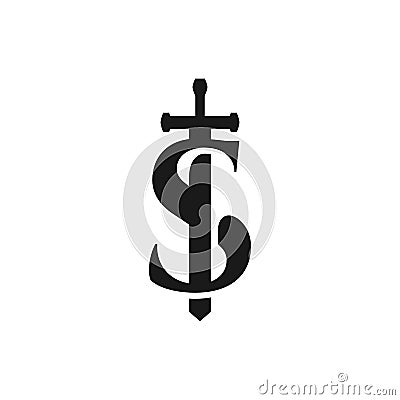 Letter S with a silhouette of sword. medieval logo theme Vector Illustration