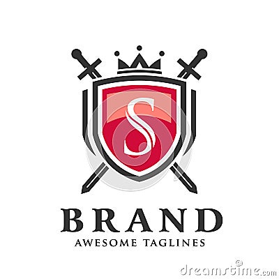 Letter S with two crossed swords,shield with crown logo Vector Illustration