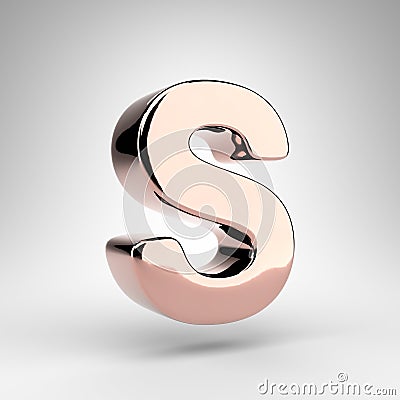 Letter S uppercase on white background. Rose gold 3D letter with gloss chrome surface Stock Photo