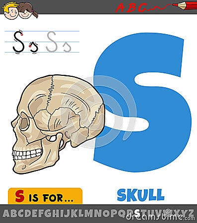 letter S worksheet with cartoon human skull Vector Illustration