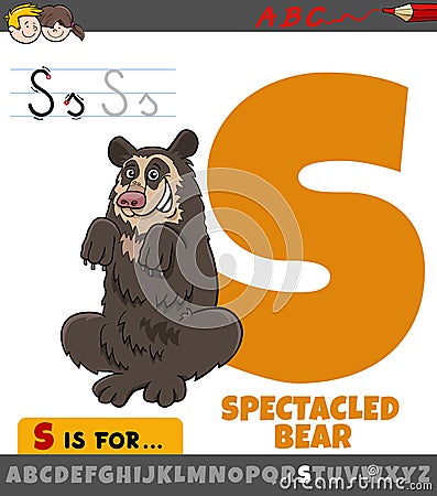 letter S worksheet with cartoon spectacled bear animal Vector Illustration