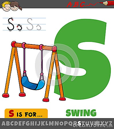 Letter S worksheet with cartoon swing object Vector Illustration