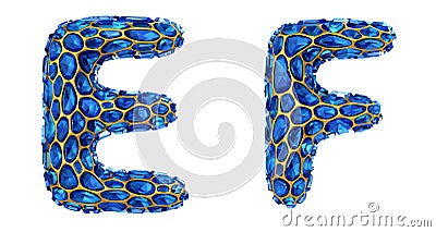 Letter set E, F made of realistic 3d render blue diamond. Collection of Diamond alphabet Stock Photo