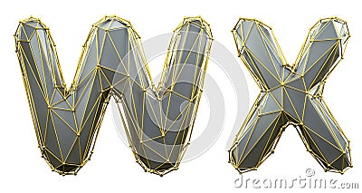 Letter set W, X made of realistic 3d render silver color. Collection of gold low polly style Stock Photo