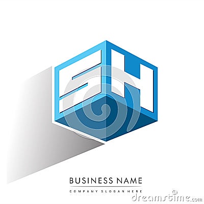 Letter SH logo in hexagon shape and blue background, cube logo with letter design for company identity Vector Illustration