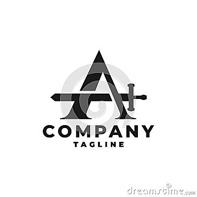 Letter A with a silhouette of sword. medieval logo theme Vector Illustration