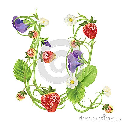 Letter A Strawberry font. Red Berry lettering alphabet. Fruits ABC Vector Illustration