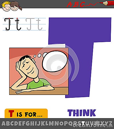 Letter T from alphabet with cartoon illustration of think word Vector Illustration