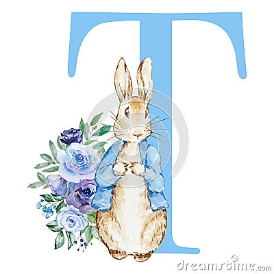 Letter T blue with watercolor cute rabbit with flowers Stock Photo