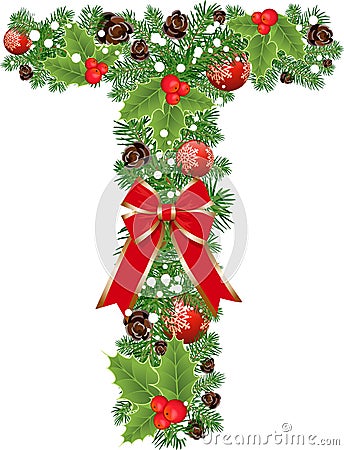 Letter T with decoration for Christmas design and New Year with spruce tree and holly red berries Vector Illustration