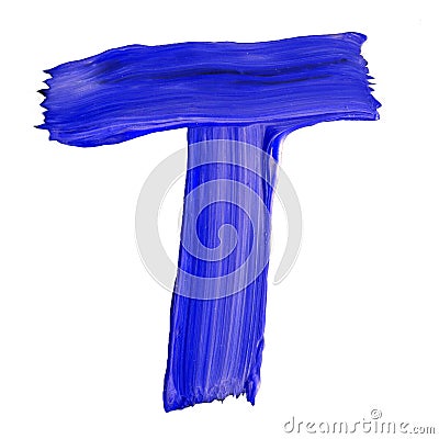 Letter T drawn with blue paints Stock Photo