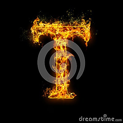 Letter T. Fire flames on black isolated background Stock Photo