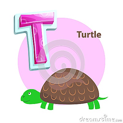 Letter T for Turtle cartoon alphabet for children Vector Illustration