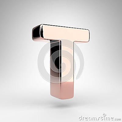 Letter T uppercase on white background. Rose gold 3D letter with gloss chrome surface Stock Photo