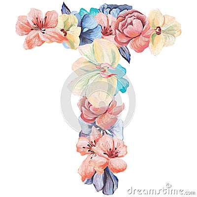 Letter T of watercolor flowers, isolated hand drawn on a white background, wedding design, english alphabet Stock Photo
