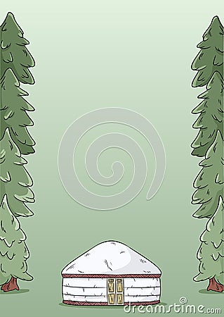 A4 letter template design with yurt and green forest fir trees background Vector Illustration