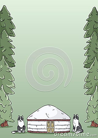 A4 letter template design with yurt, siberian laika dogs and green forest fir trees background Vector Illustration