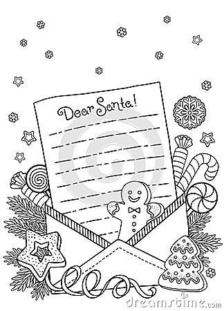 Letter template with an envelope for Santa. Vector abstract coloring page for adults. Page for coloring book and Stock Photo