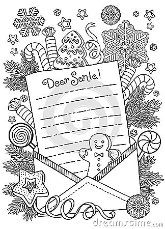 Letter template with an envelope for Santa. Vector abstract coloring page for adults. Page for coloring book and Vector Illustration