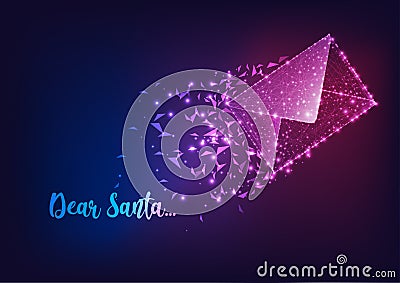 Letter to Santa Claus background with glowing low polygonal flying mail and text Dear Santa. Vector Illustration