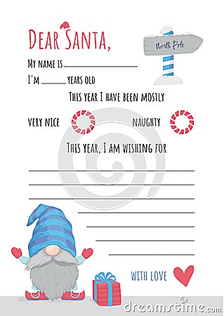 Letter to Santa Claus with a wish list for Christmas. A letter for boys with a blue gnome Vector Illustration