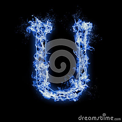 Letter U. Blue fire flames on black Stock Photo