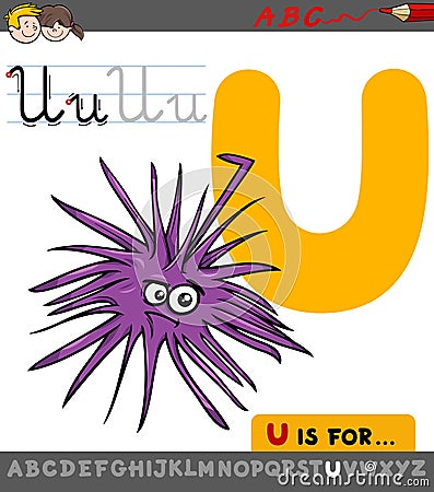 Letter u with cartoon urchin sea character Vector Illustration