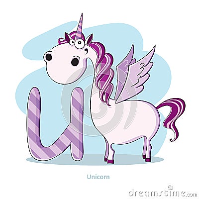 Letter U with funny Unicorn Vector Illustration