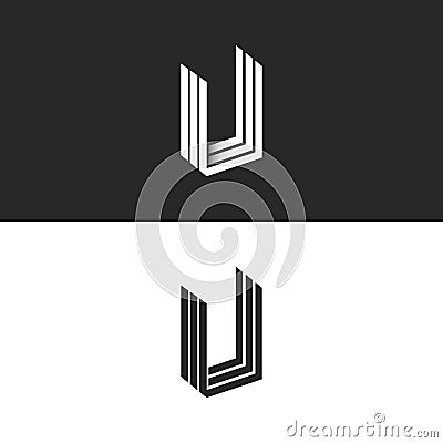 Letter U logo isometric geometric shape perspective monogram, hipster graphic initials UUU emblem mockup, black and white monogram Vector Illustration