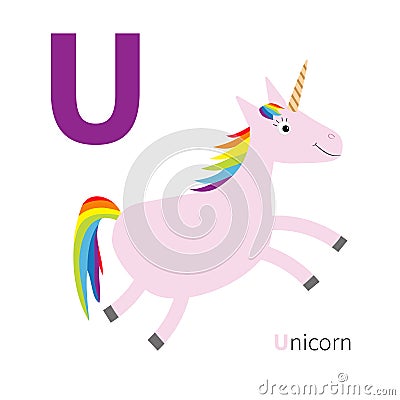 Letter U Unicorn Zoo alphabet. English abc with animals Education cards for kids White background Flat design Vector Illustration