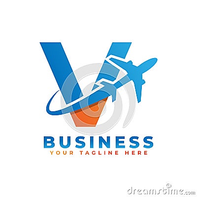 Letter V with Airplane Logo Design. Suitable for Tour and Travel, Start up, Logistic, Business Logo Template Vector Illustration