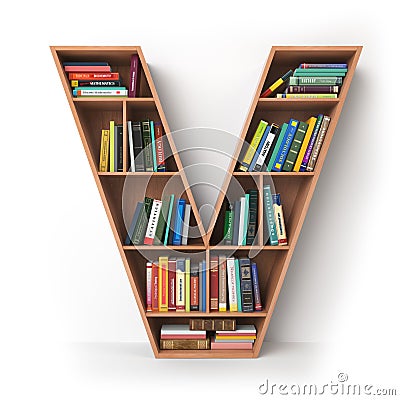 Letter V. Alphabet in the form of shelves with books isolated on Cartoon Illustration